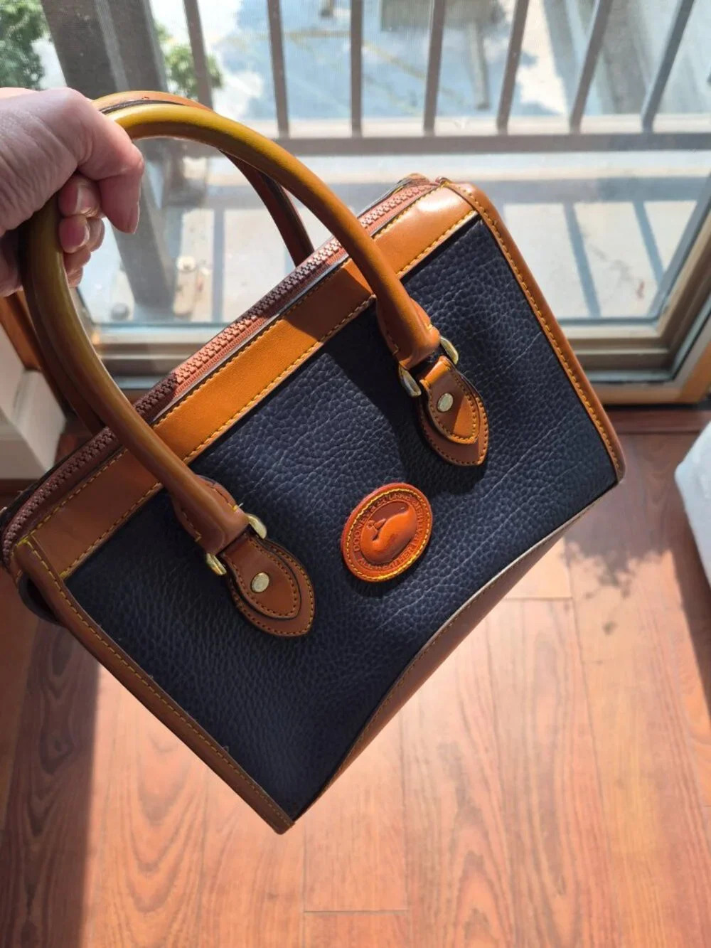 Vintage Dooney & Bourke AWL Small Satchel Top Handle Navy British Tan